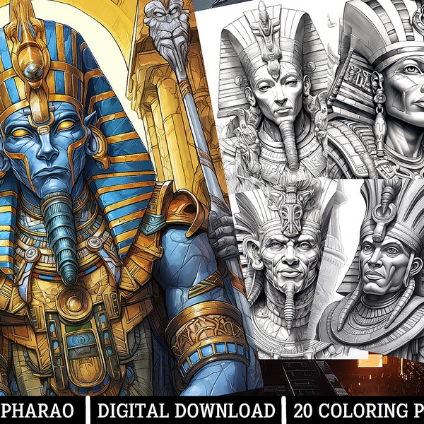Pharao Inspired Coloring Pages,for Adults -Instant Download -Grayscale Coloring Page,Printable PNG/JPEG Coloring for Adults Fantasy Egypt