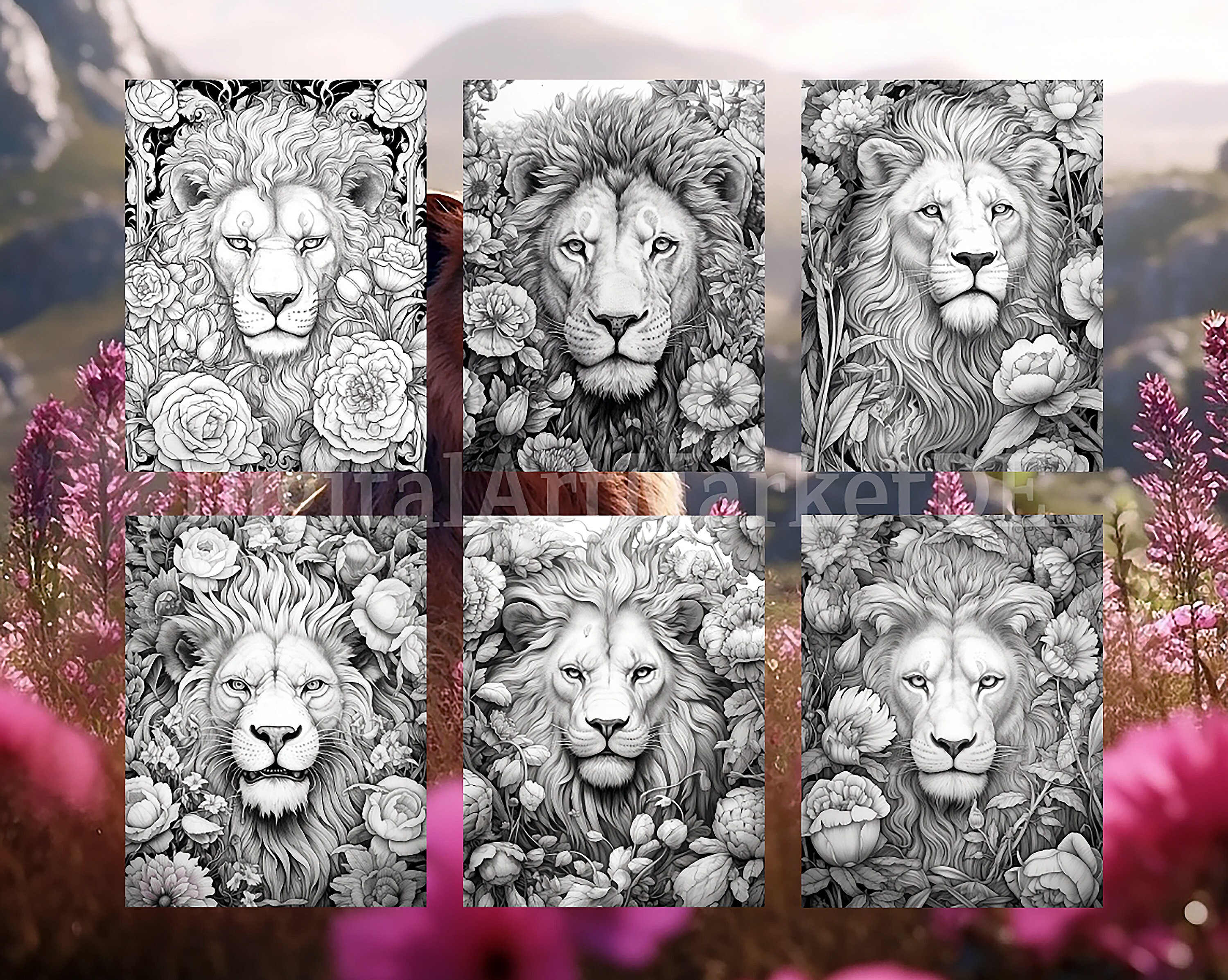 Flower Lion Coloring Pages for Adults Instant Download - Etsy
