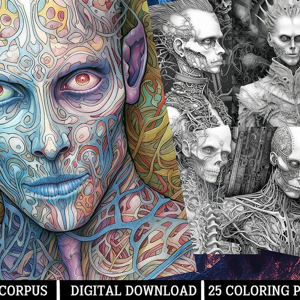 Corpus Coloring Pages for Adults - Instant Download - Grayscale Coloring Page, Printable PNG/JPEG Color Grading Horror Themed Body Art