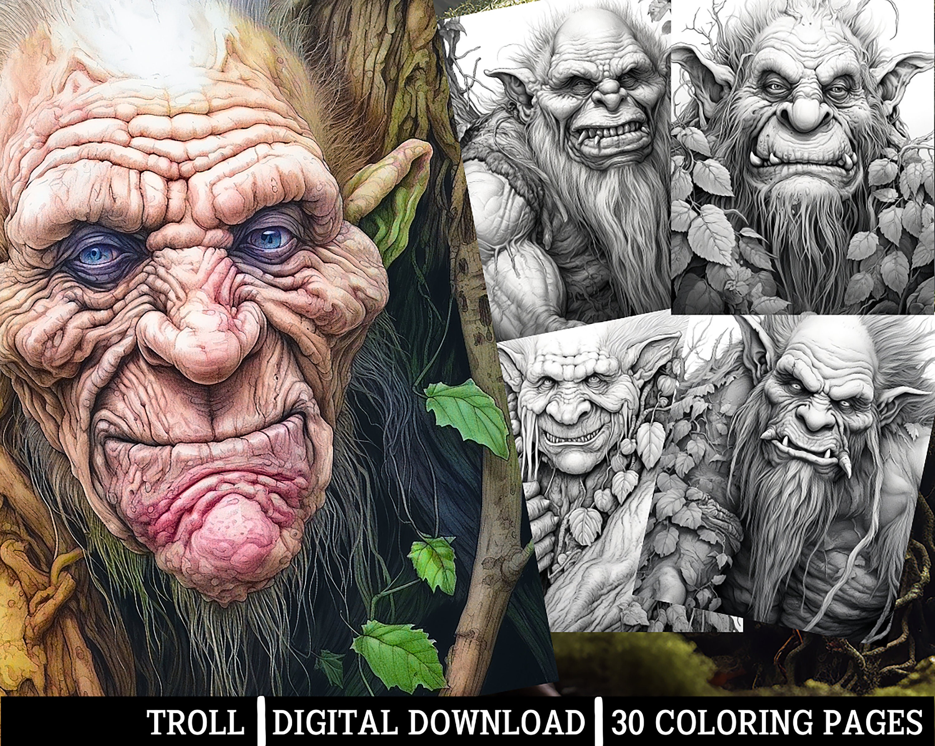 Troll Coloring Pages for Adults Instant Download grayscale - Etsy