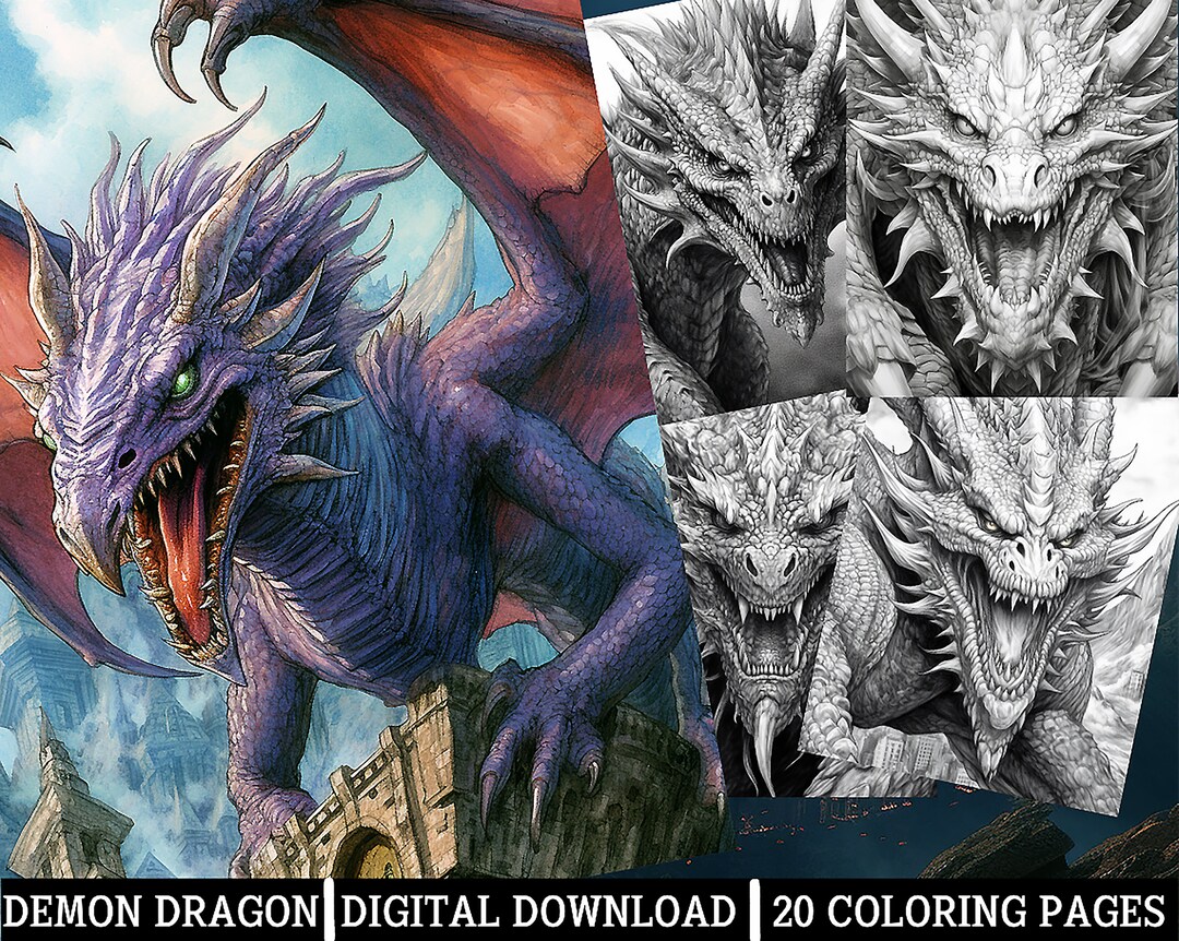 Demonic Dragons Coloring Pages for Adults - Instant Download ...