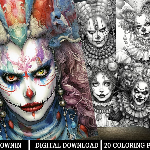 Psycho Clownin Coloring Pages,for Adults - Instant Download - Grayscale Coloring Page, Printable PNG/JPEG Color Grading Horror Art