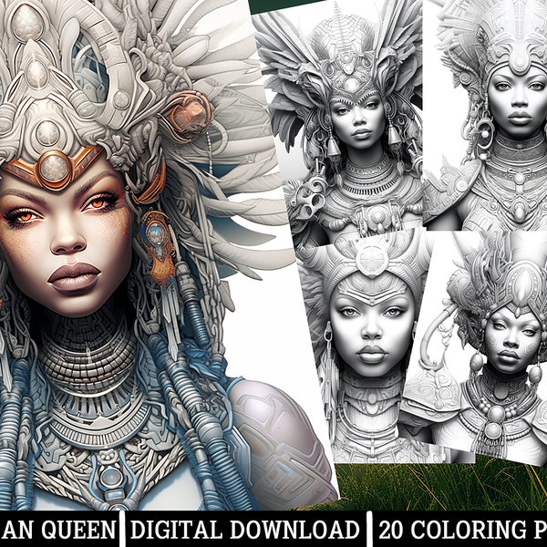 African Queen Coloring Pages for Adults -Instant Download -Grayscale Coloring Page, Printable PNG/JPEG Beautiful Black Woman Fantasy Artwork