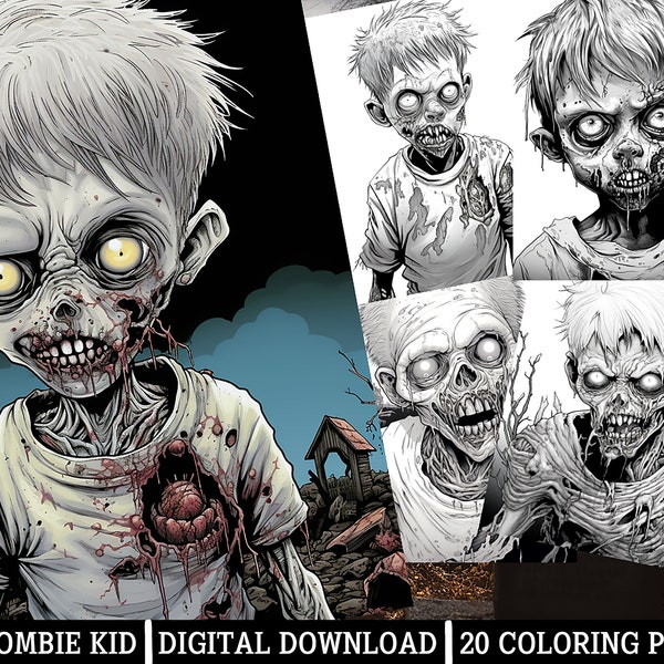 Zombie Kid Coloring Pages,for Adults -Instant Download -Grayscale Coloring Page,Printable PNG/JPEG Coloring for Adults Horror Themed Artwork