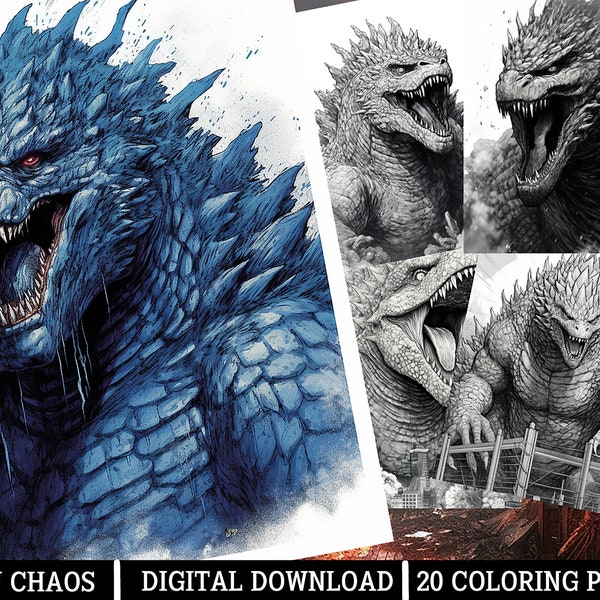 Kaiju Chaos Coloring Pages,for Adults - Instant Download - Grayscale Coloring Page, Printable PNG/JPEG Color Grading