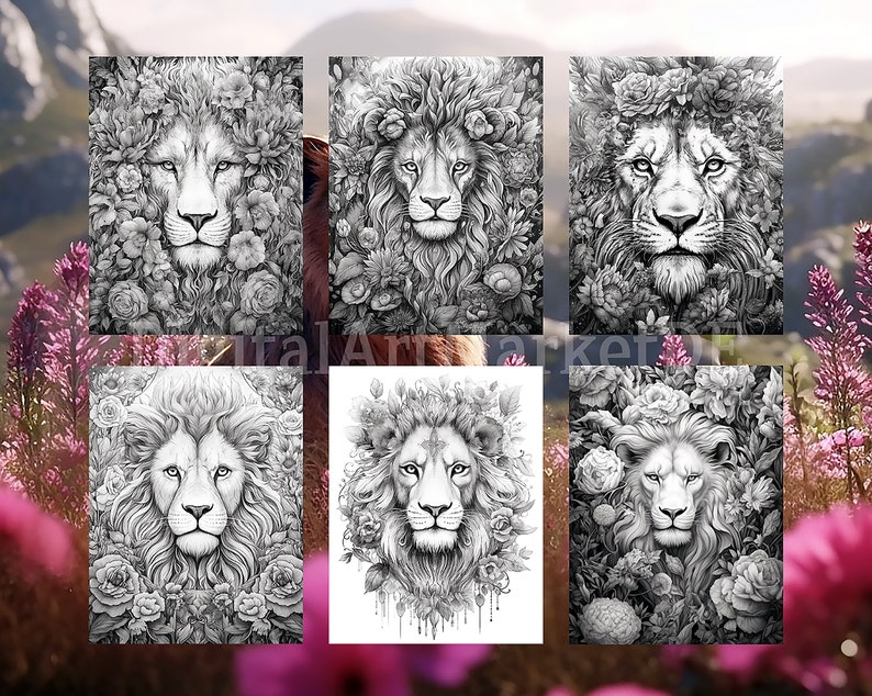 Flower Lion Coloring Pages for Adults Instant Download - Etsy