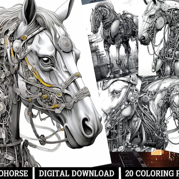 Robo Horse Coloring Pages,for Adults -Instant Download -Grayscale Coloring Page,Printable PNG/JPEG Color Grading Fantasy Sci-Fi Inspired Art