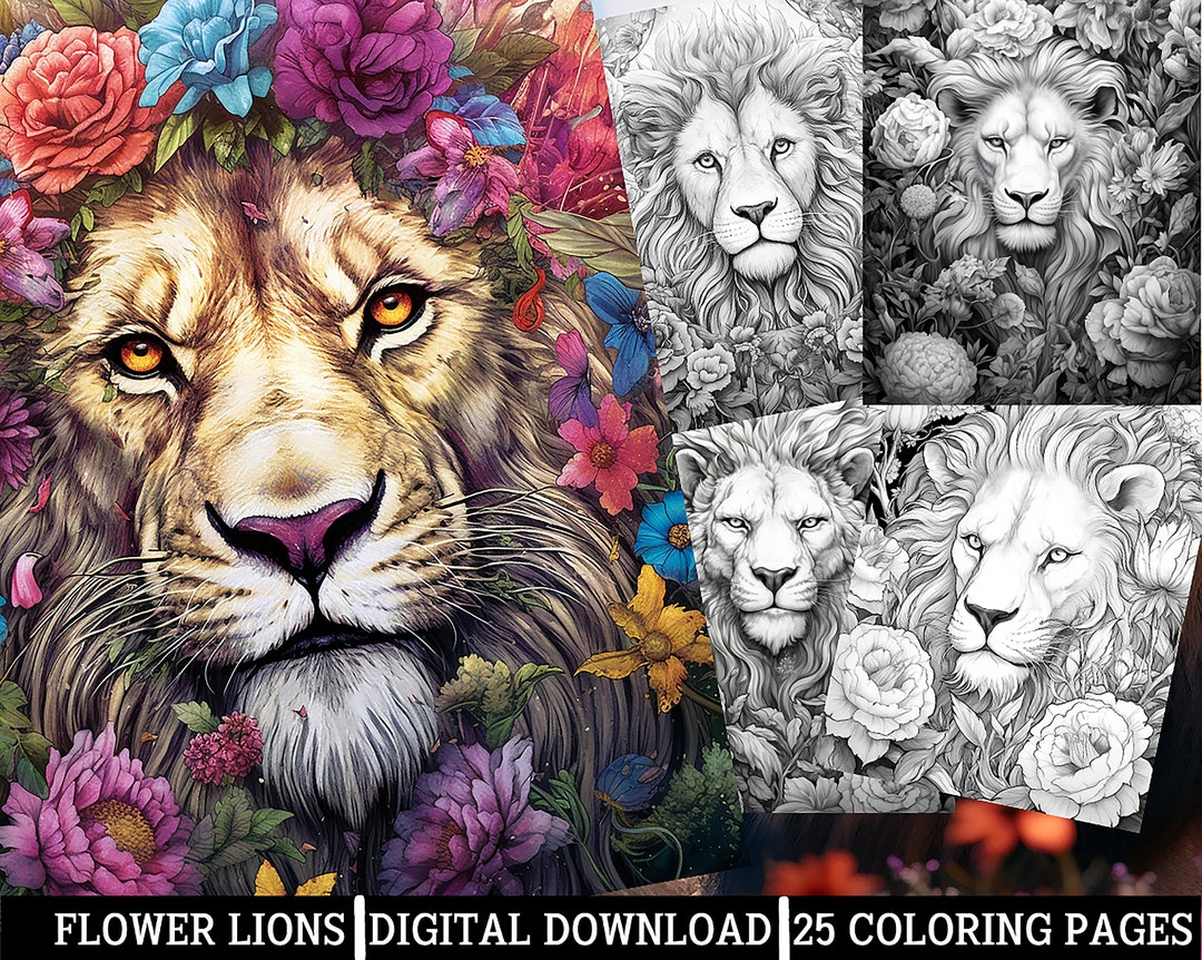 Flower Lion Coloring Pages for Adults Instant Download Grayscale ...