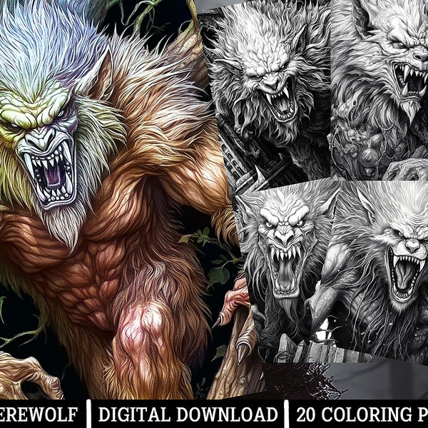 Werewolf Coloring Pages,for Adults - Instant Download -Grayscale Coloring Page,Printable PNG/JPEG Coloring for Adults Horror Themed Artworks