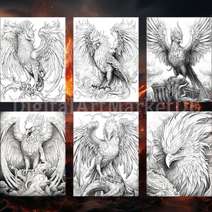 Phoenix Coloring Pages,for Adults Instant Download Grayscale Coloring ...