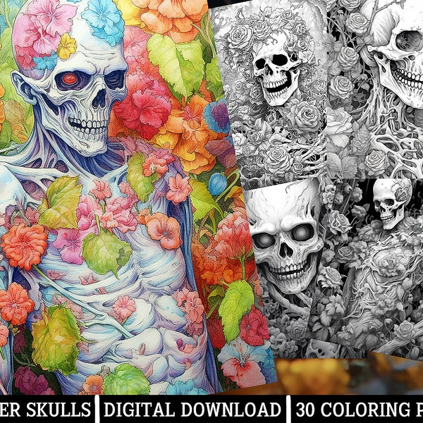 Flower Skulls Coloring Pages,for Adults - Instant Download - Grayscale Coloring Page,Printable PNG/JPEG Color Grading Horror Themed Artworks