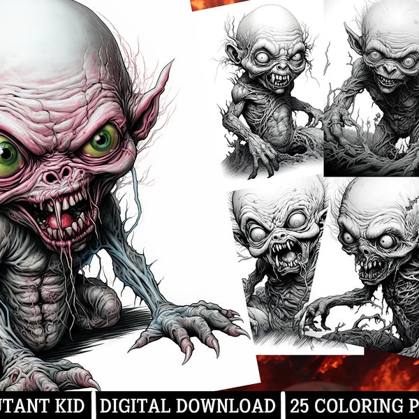 Mutant Kid Coloring Pages for Adults -Instant Download -Grayscale Coloring Page,Printable PNG/JPEG Scary Creepy Children Horror Themed Art