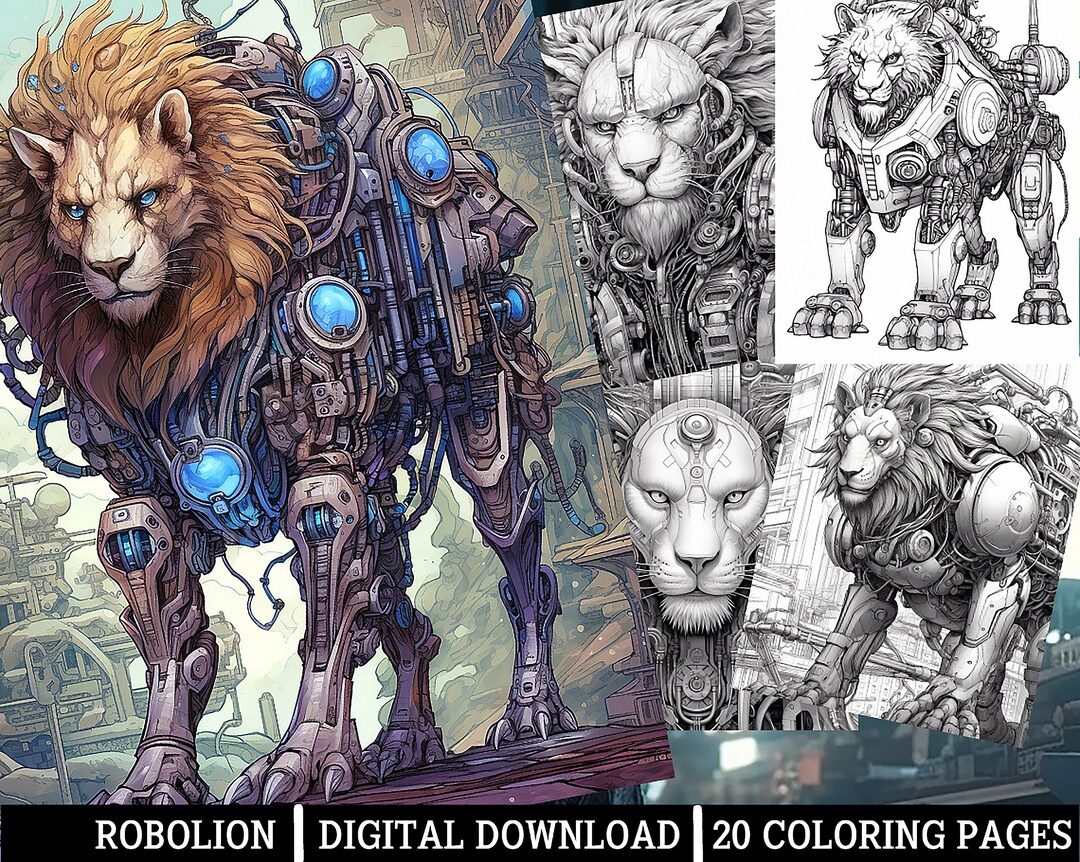 Robotic Lions Coloring Pages,for Adults Instant Download Grayscale ...