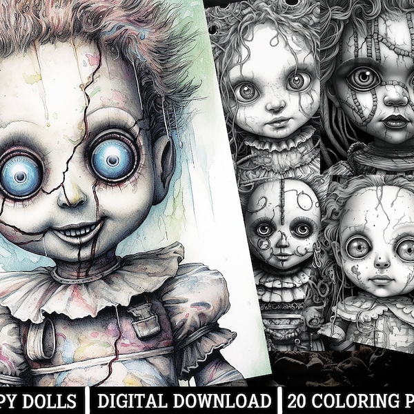 Creepy Dolls Pages,for Adults - Instant Download - Grayscale Coloring Page, Printable PNG/JPEG Coloring for Adults Horror Themed Puppet Art