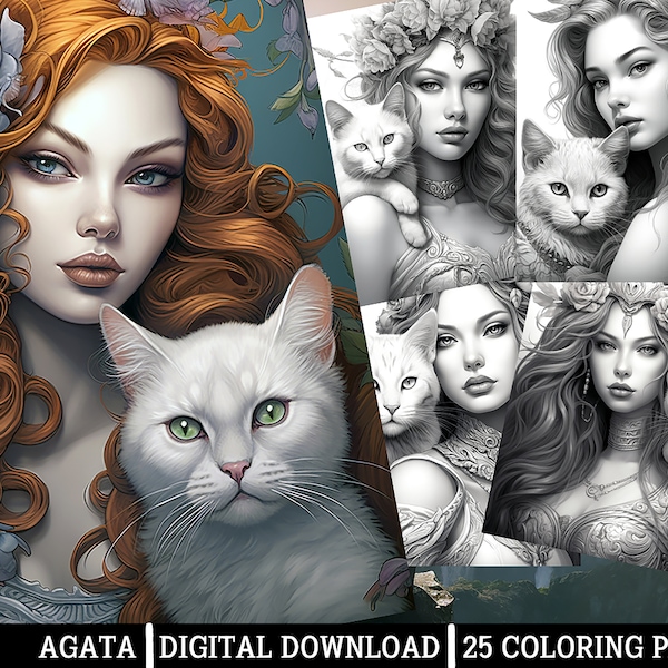 Lady Agata Coloring Pages,for Adults - Instant Download - Grayscale Coloring Page, Printable PNG/JPEG Color Grading Beautiful Woman and Cat