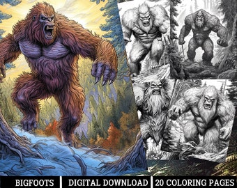 Bigfoot Coloring Pages,for Adults - Instant Download - Grayscale Coloring Page, Printable PNG/JPEG Color Grading