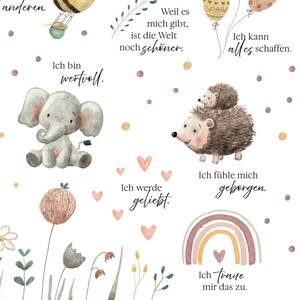 May include: A watercolor illustration with a variety of animals and plants. The illustration includes a rainbow, an elephant, a hedgehog, and a hot air balloon. The text in the image reads: "I am valuable. Because you are here, the world is even more beautiful. I can do anything. I am loved. I feel safe. I dream of this."