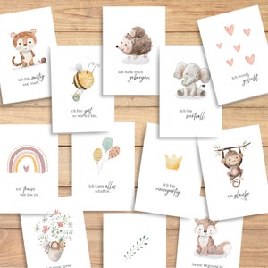 Puede incluir: Conjunto de 10 tarjetas imprimibles con ilustraciones de animales en acuarela y citas inspiradoras en alem&aacute;n. Las tarjetas presentan un tigre, una abeja, un erizo, un elefante, un arco&iacute;ris, globos, una corona, un mono, un zorro y una rama con hojas. Las citas incluyen "Ich bin mutig und stark", "Ich bin gut so wie ich bin", "Ich f&uuml;hle mich geborgen", "Ich bin wertvoll", "Ich werde geliebt", "Ich traue mir das zu", "Ich kann alles schaffen", "Ich bin einzigartig", "Ich glaube ich" y "Meine Meinung ist".