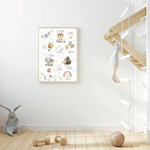 May include: A white printable poster with colorful illustrations of animals and text in German. The animals include a tiger, bee, elephant, and hedgehog. The text includes phrases like "Ich bin mutig" and "Ich bin stark".