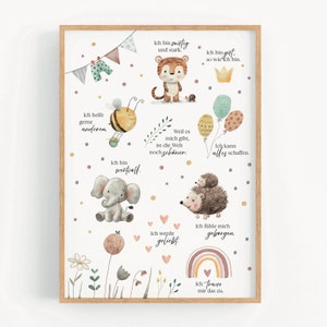 Op de afbeelding: Een aquarel-illustratie van dieren met positieve affirmaties in het Duits. De dieren omvatten een ​​tijger, een bij, een olifant, een egel en een regenboog. De tekst bevat zinnen als "Ich bin mutig und stark" en "Ich werde geliebt".