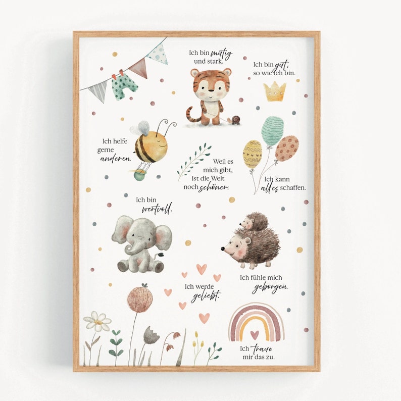 Op de afbeelding: Een aquarel-illustratie van dieren met positieve affirmaties in het Duits. De dieren omvatten een ​​tijger, een bij, een olifant, een egel en een regenboog. De tekst bevat zinnen als "Ich bin mutig und stark" en "Ich werde geliebt".