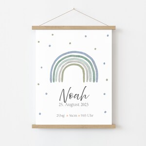 May include: A watercolor rainbow in shades of blue and green with a white background and gold and blue polka dots. The text "Noah", "25. August 2023", "2534g", "56cm", and "9:03 Uhr" is printed below the rainbow.