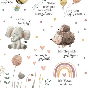 Op de afbeelding: Een aquarel-illustratie met verschillende dieren en planten. De illustratie bevat een regenboog, een olifant, een egel en een luchtballon. De tekst in de afbeelding luidt: "Ik ben waardevol. Omdat jij er bent, is de wereld nog mooier. Ik kan alles. Ik word geliefd. Ik voel me veilig. Ik droom hiervan."