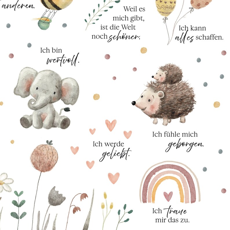 Op de afbeelding: Een aquarel-illustratie met verschillende dieren en planten. De illustratie bevat een regenboog, een olifant, een egel en een luchtballon. De tekst in de afbeelding luidt: "Ik ben waardevol. Omdat jij er bent, is de wereld nog mooier. Ik kan alles. Ik word geliefd. Ik voel me veilig. Ik droom hiervan."
