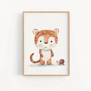 May include: Watercolor illustration of a friendly tiger cub pulling a toy snail on a string. The tiger is orange and brown with a smiling face. The artwork is framed in a light wood frame, perfect for a nursery or child's room.