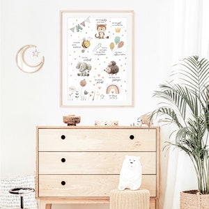 May include: A white poster with a colorful illustration of animals and text in German. The animals include a tiger, bee, elephant, hedgehog, and a rainbow. The text says "Ich bin mutig und stark", "Ich hab's gerne kuschelig", "Ich bin  ein  grosser  schlafmuffel", "Ich  tickler  auch  gerne", "Ich  liebe  es  mit  dir  zu  sein".
