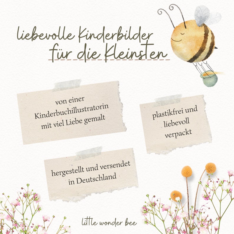 Puede incluir: Un conjunto de tres tarjetas ilustradas con bordes desgarrados, que presentan una ilustraci&oacute;n de una abeja y un texto que dice "liebevolle Kinderbilder f&uuml;r die Kleinsten", "von einer Kinderbuchillustratorin mit viel Liebe gemalt", "hergestellt und versendet in Deutschland", "plastikfrei und liebevoll verpackt" y "little wonder bee".