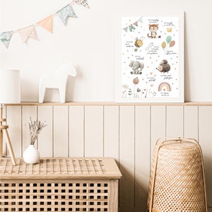 May include: A white framed print with a colorful illustration of animals and text in German. The print features a bee, elephant, tiger, hedgehog, and rainbow. The text says "Ich bin mutig", "Ich bin freundlich", "Ich bin stark", "Ich bin klug", "Ich bin neugierig", "Ich bin gl&uuml;cklich", "Ich mag es zu lernen", "Ich mag es zu spielen", "Ich liebe dich", "Ich bin dankbar", "Ich bin einzigartig", "Ich bin perfekt so wie ich bin".