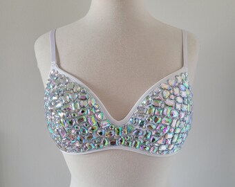 White Bra with Handsewn Aurora Borealis Jewels- Upcycled