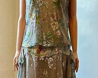 Silver Metallic Bridal Dress Reception Art Deco Fashion Hand Painted Vintage Lace Embroidery Side Bows Early 20&#39;s  Look One of a Kind Dress