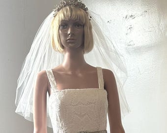Handmade Bobbin Lace Minimalist Bridal  Dress, 50s Full Skirt, Beaded Silver Belt, Veil