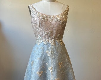 Embroidered Silk Organdi Dress Civil Ceremony Rehearsal Dinner Refined 50s Look  Beige Organdi Lined With Blue and Pink Silk Taffeta