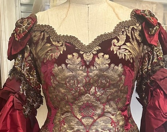 Crimson Red Velvet Brocade Wedding Fashion  late 1800 Red Burgundy Gold Bridal Aristocrat Look Wedding Reception Gown Gilded Age Ball Style