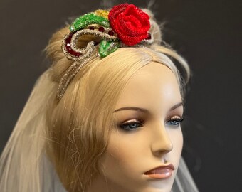 Red Rose Bridal Tiara Embroidered Head Piece Red Rose Bridal Tiara Embroidered bridal Head Ornament Red Crystals  Green Leaves Bridal Tiara