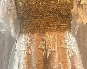 Bridal Gown Inspired by Medieval Romance Vintage Champagne Brocade White Sheer Corded Lace Embellished With Golden Guipure And Silk Lame