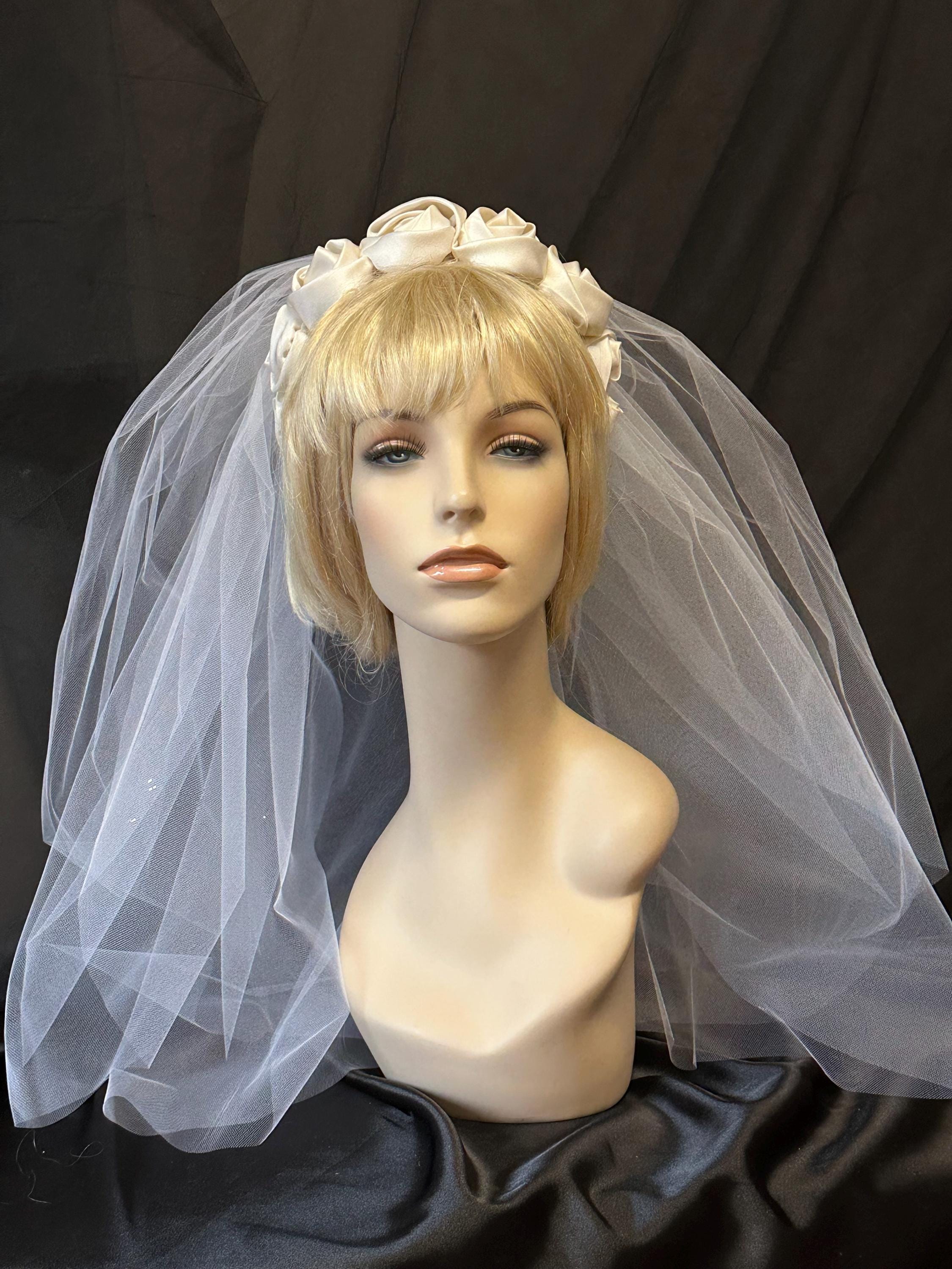 Hand Made Silk Satin Roses Bridal Headband OffWhite Fabric, Half Wreath Wedding Head Piece Elegant and Sophisticate Look 60s Fashion Style
