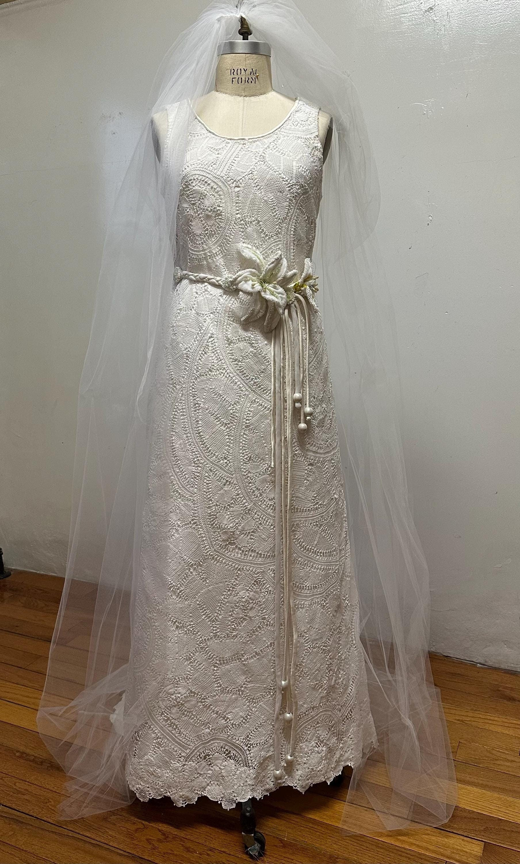 Handmade Bobbin Lace Wedding Dress: Medieval Style, Embroidered Lilly Belt & Veil Handmade Bobbin Lace Wedding Dress: Medieval Style, Embroidered Lilly Belt & Veil