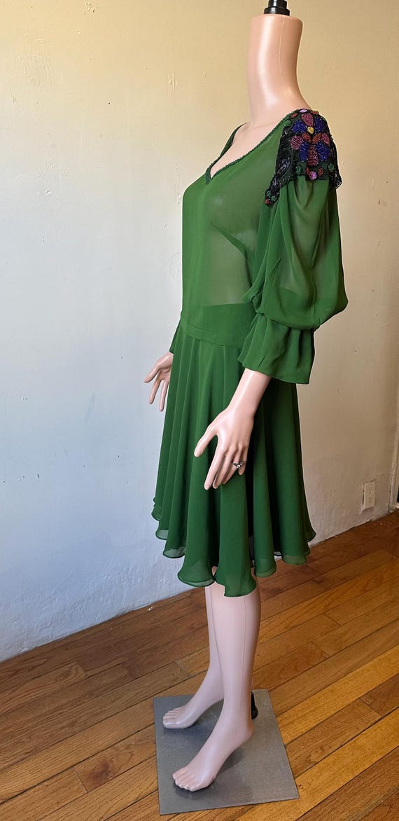 Forest Green Silk Chiffon Dress: Original Antique Beaded Sleeves, Two-Piece Outfit Forest Green Silk Chiffon Dress: Original Antique Beaded Sleeves, Two-Piece Outfit