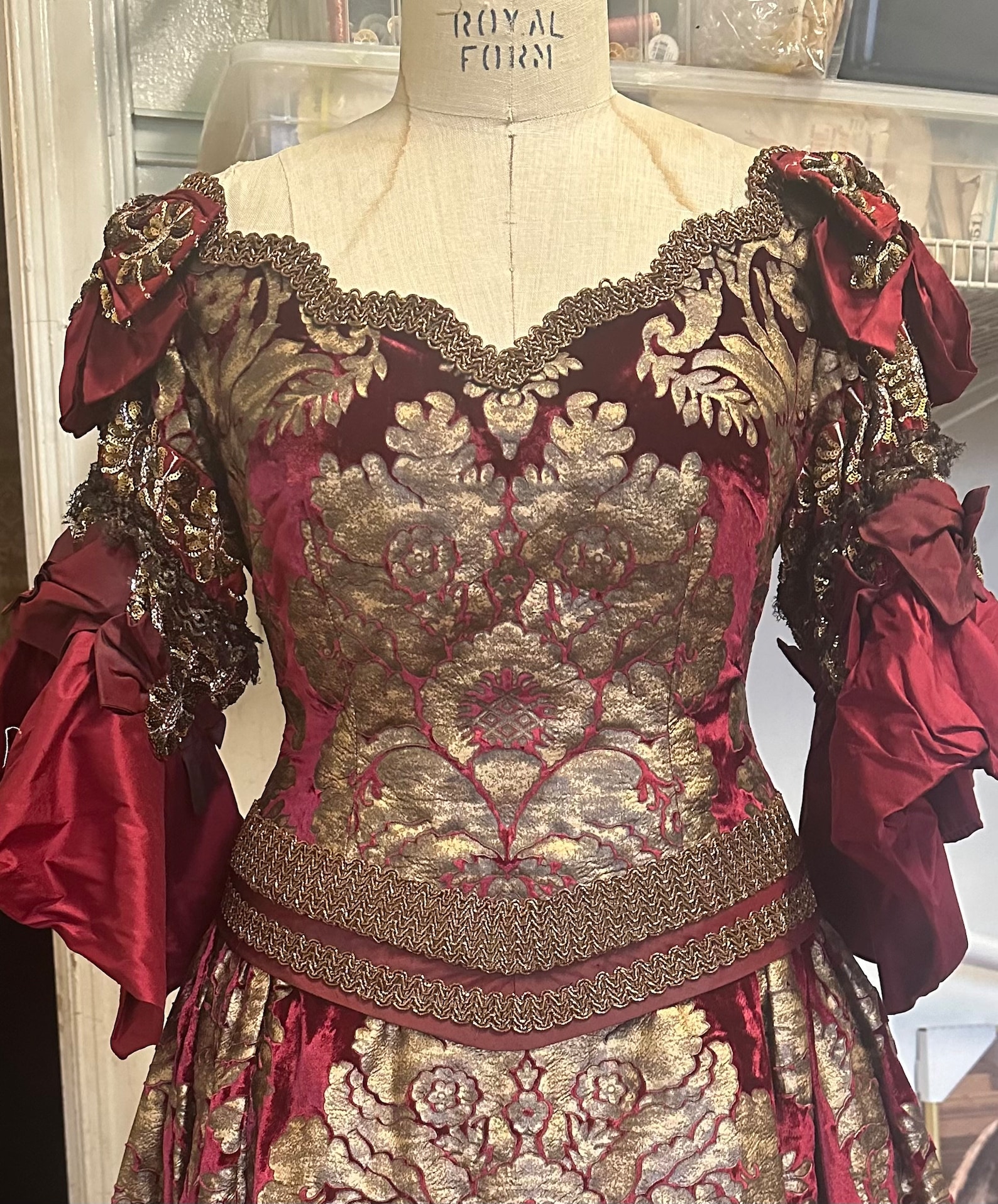 Crimson Red Velvet Brocade Wedding Fashion Late 1800 Red Burgundy Gold Crimson Red Velvet Brocade Wedding Fashion Late 1800 Red Burgundy Gold