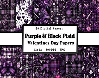 Valentines Day Plaid Digital Papers, Purple And Black Plaid Love Hearts Printable Background, Scrapbooking, Instant Download, Commercial Use