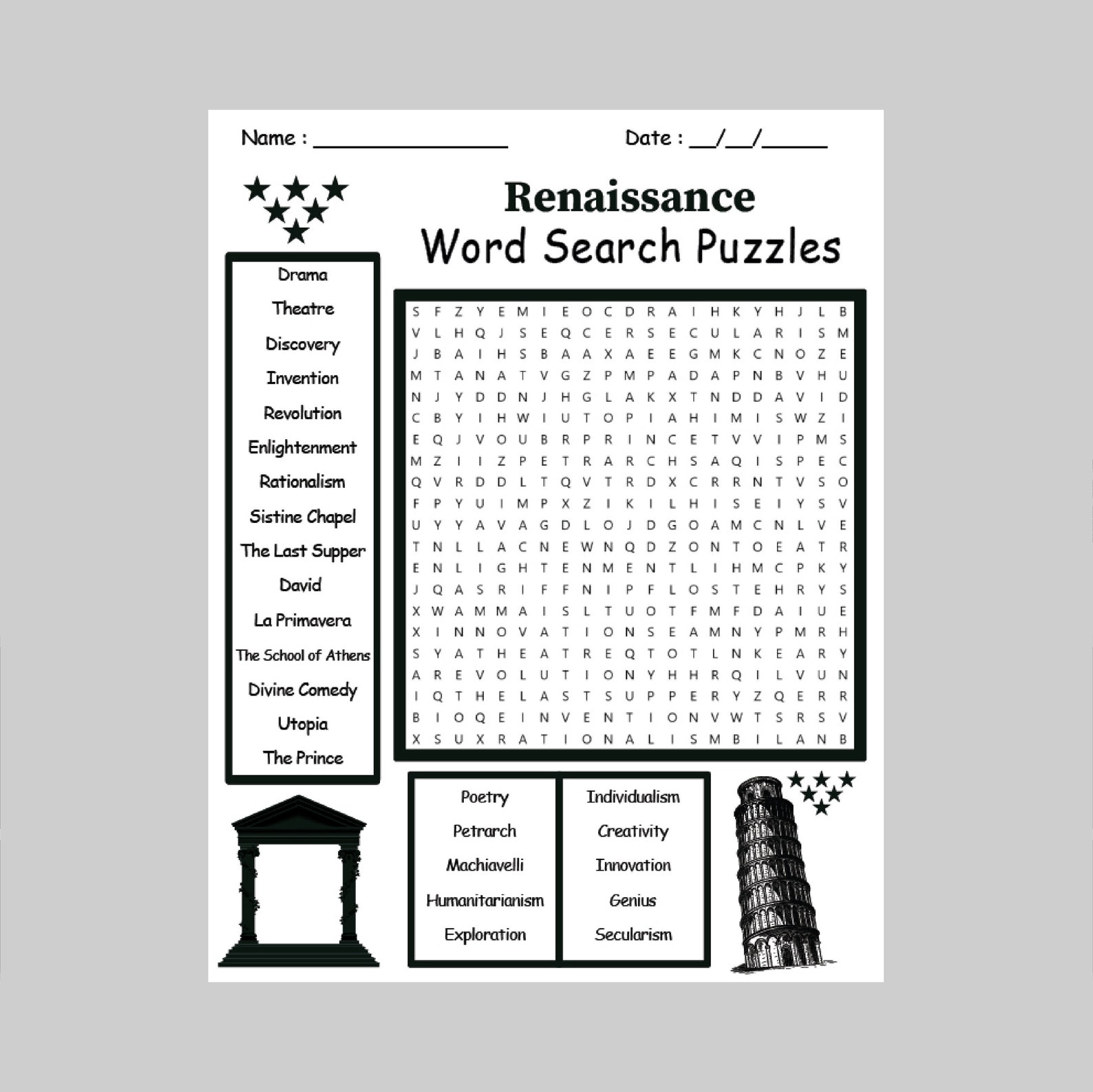 Renaissance Word Search Puzzle Worksheet Activity | Printable Puzzle ...