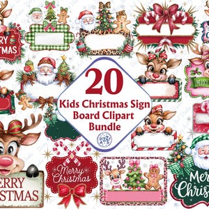 Clipart Bundle de enseigne de Noël pour enfants, tableau postal de Noël, joyeux Noël, illustration aquarelle, téléchargement numérique, usage commercial