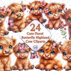 Cute Watercolor Highland Cow Butterfly Clipart, Cartoon Highland Cows Butterflies png, Highland Cow Butterfly Printable, Digital Download
