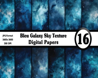 Blue Galaxy Sky Digital Papers, Watercolor Night Sky Texture Background, Night Sky Stars Texture, Instant Download, Commercial Use