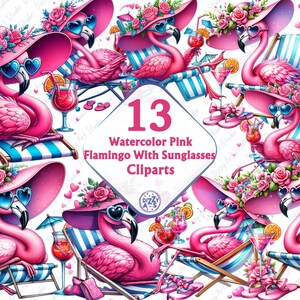 Flamant rose Summer Clipart PNG, cocktail, ambiance de plage, vacances Png, coeurs de mer, clipart oiseau, chapeau de fleur, téléchargement numérique, usage Commercial