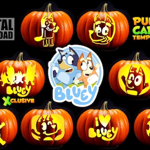 May include: A digital download collection of pumpkin carving templates featuring Bluey characters. The image displays eight orange pumpkins with glowing yellow cutouts of Bluey, Bingo, and related text, plus a central Bluey logo sticker.